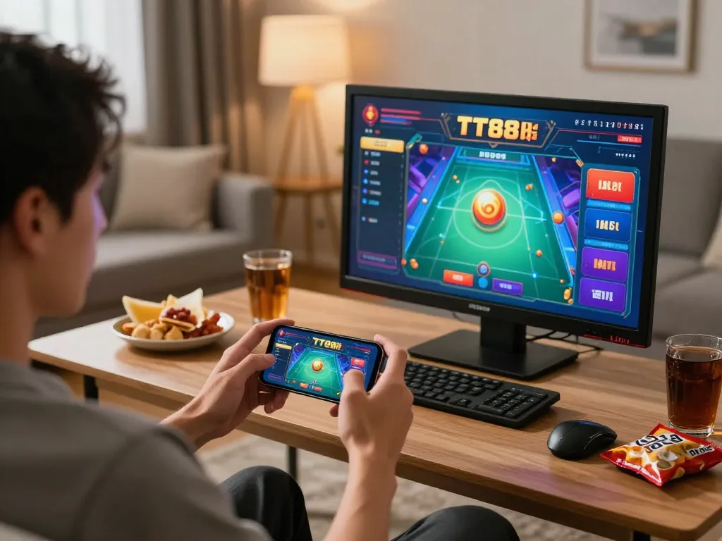 Enjoying TT88 online casino games on a smartphone in a cozy living room setting