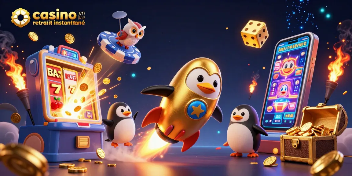Découvrez le monde du casino en ligne avec retrait instantané avec un pingouin doré et des machines à sous éclatantes.