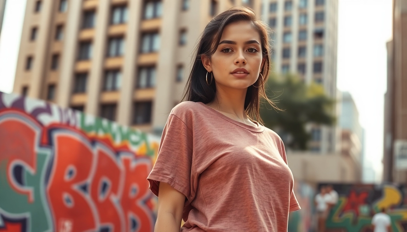 Model showcasing a drop shoulder t shirt in a vibrant urban setting, emphasizing its style.