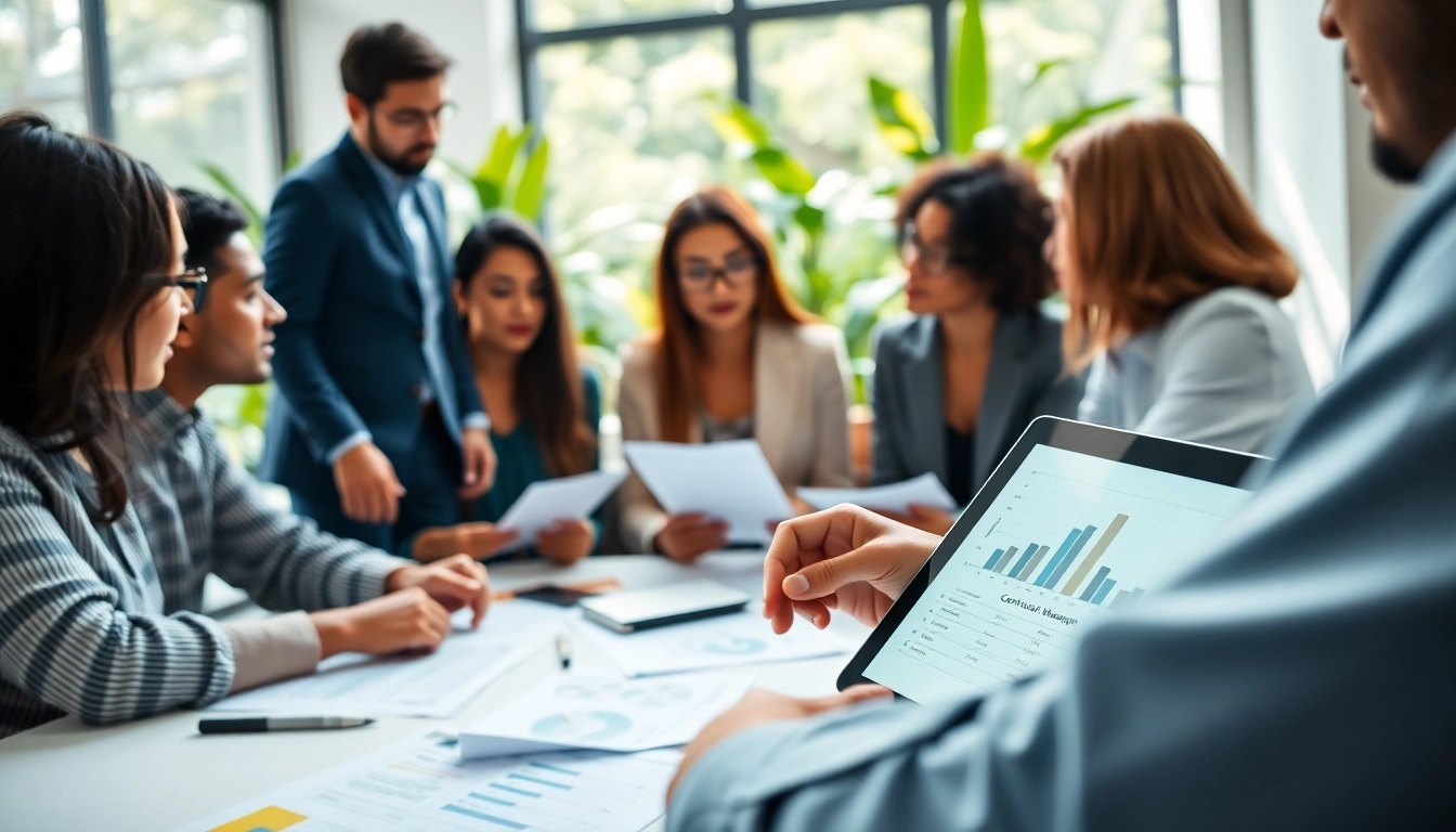 Team engaged in Contract Management collaboration with digital documents in a modern workspace.