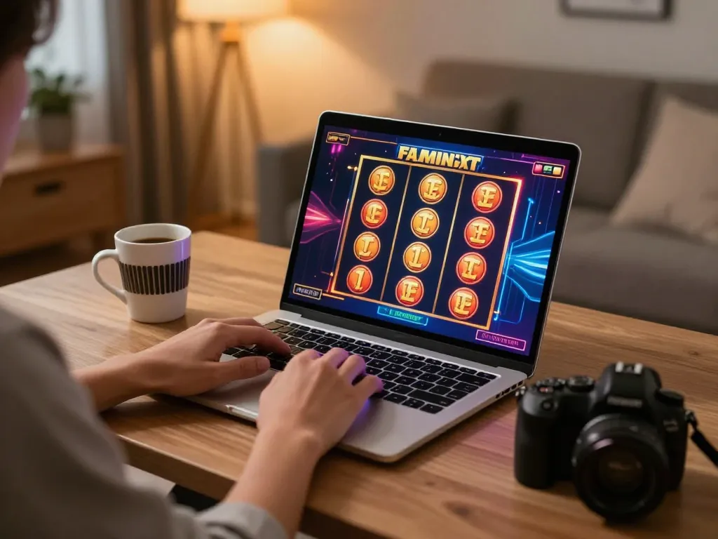 Engaging in เว็บตรงสล็อต gaming at home with vibrant online casino visuals on laptop screen.