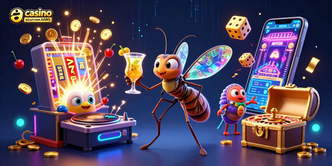 Cattura l'energia del gioco con casino sicuri non AAMS, icone del gioco e vincite epiche in un'illustrazione vivace.