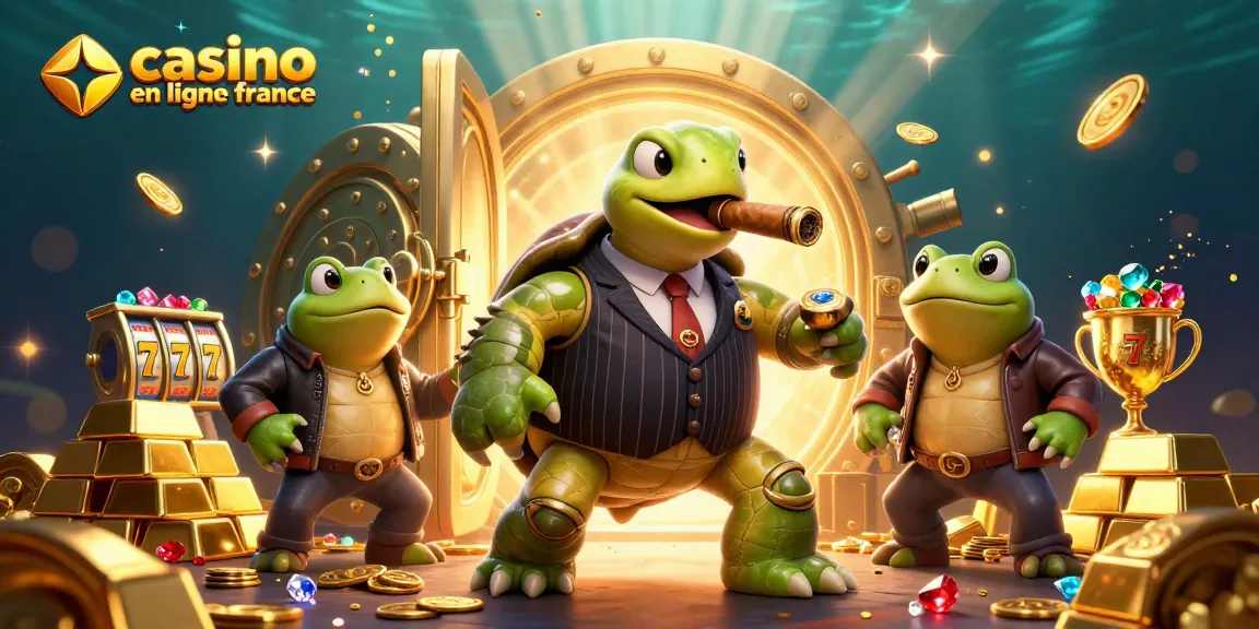 Visuel dynamique de casino en ligne France avec une tortue en costume, des grenouilles, et des trésors scintillants