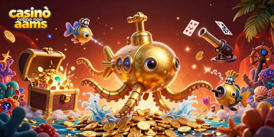 Gioca nei casinò online non AAMS ammirando un kraken d'oro tra tesori e carte da gioco.