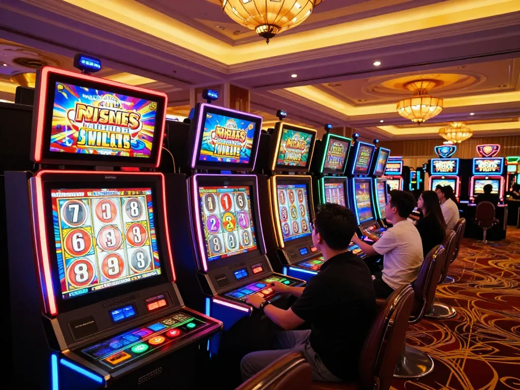 The vibrant slot machine area showcasing players engaging with link slot gacor games, celebrating wins amidst colorful lights and sounds.