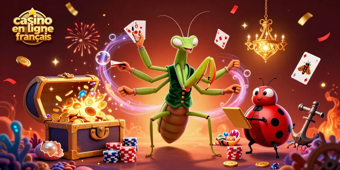 Vibrante illustration 3D d'un casino en ligne français avec une mante religieuse géante créant une ambiance festive.