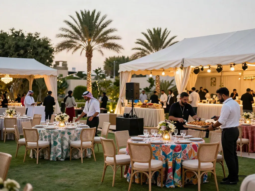 Event rentals setup with luxurious tables, decor, and tents under golden hour light in Jeddah.