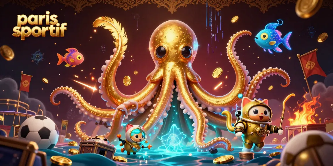 Paris sportif : Kraken géant et chat plongeur entourés de ballons sportifs et de pièces d'or.