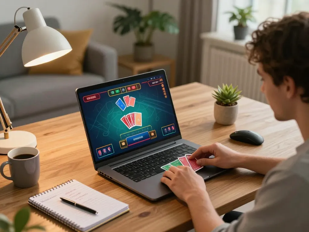 FAFA 828 player enjoying a live dealer game at home, showcasing strategy notes and excitement.