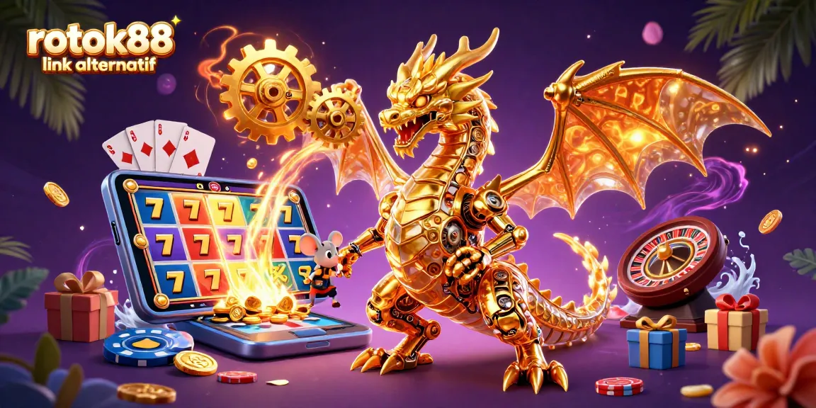 Experience the excitement of ROKOK88 link alternatif with a dynamic 3D illustration featuring a dragon and gaming elements.