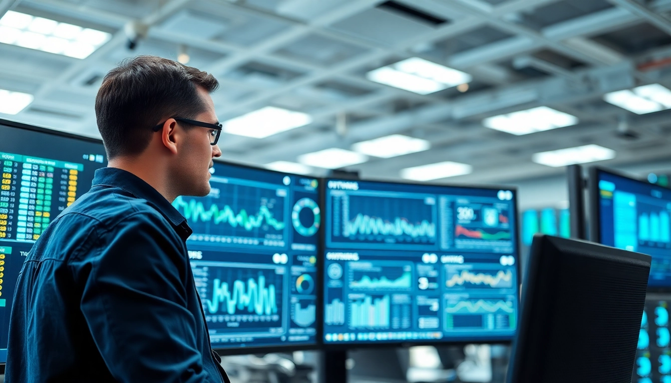 Visualizing network management solutions through a professional IT technician analyzing data on multiple screens.