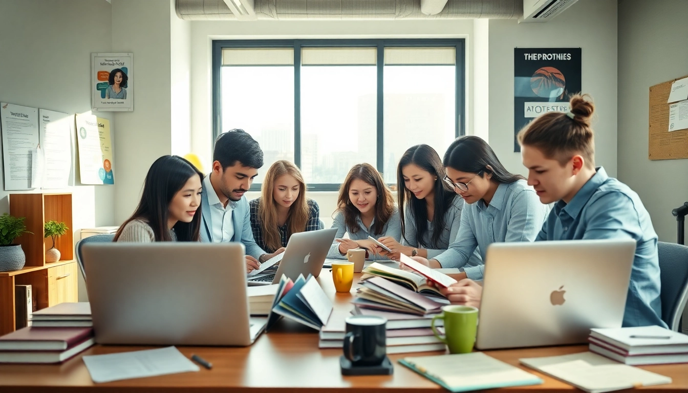 Engaging TOEIC test takers for hire collaborating in a bright, dynamic office setting.