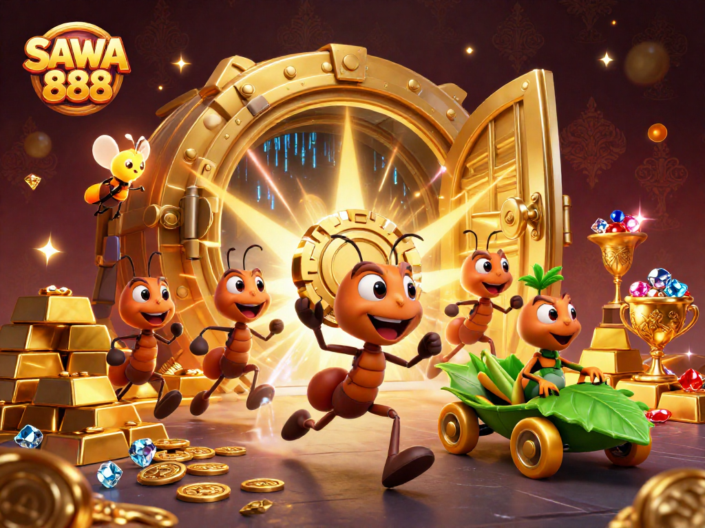 Experience an exciting heist scene with SAWA 888 ants carrying a giant poker chip in a vibrant casino atmosphere.
