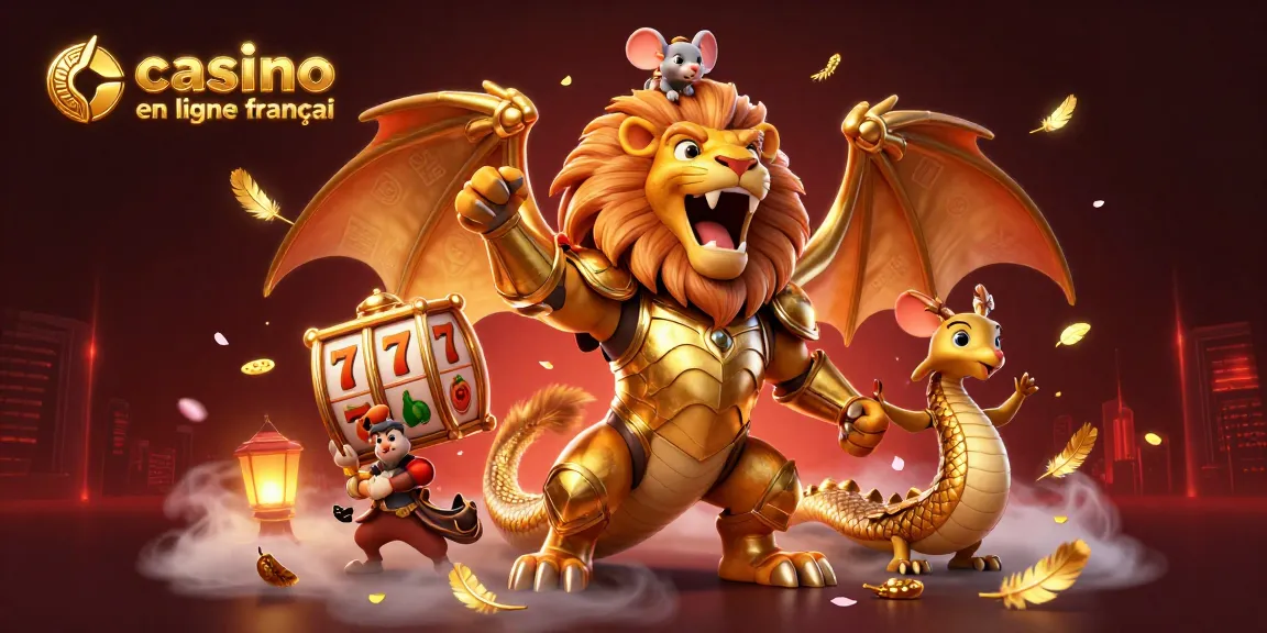 Illustration colorée de jeu casino en ligne français avec un chimère, des rouleaux de machines à sous et des éléments festifs.