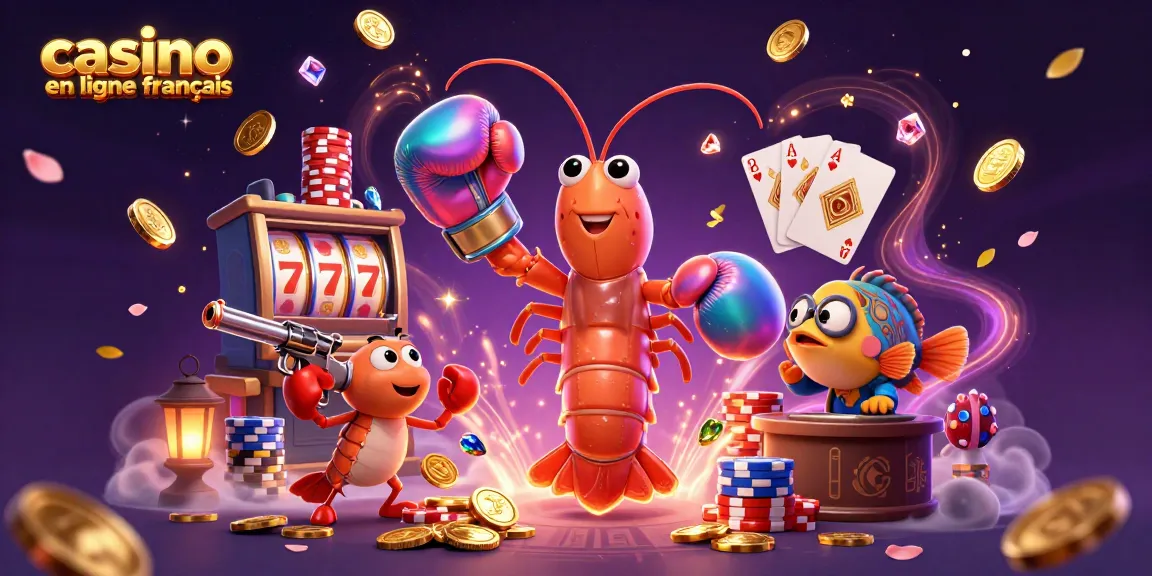 Des personnages de casino en ligne français animés se préparant à gagner, entourés d'éléments de jeu captivants.