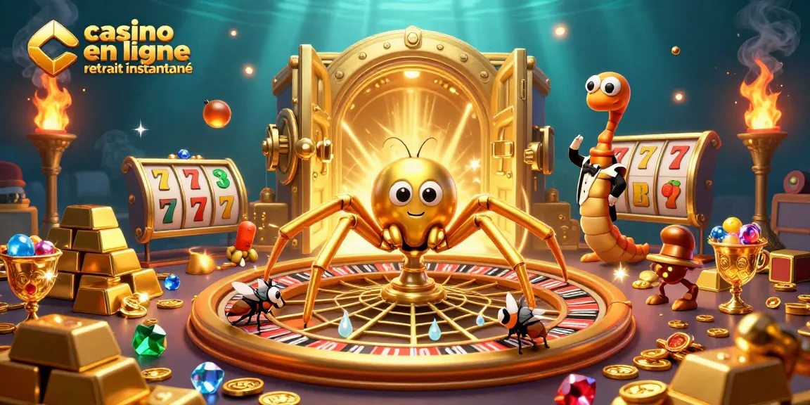 Illustration captivante de casino en ligne retrait instantané avec une araignée dorée et une ambiance riche en détails