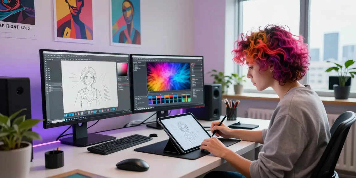 Vibrant workspace showcasing AI NSFW content creation with digital art tools and creative professional.