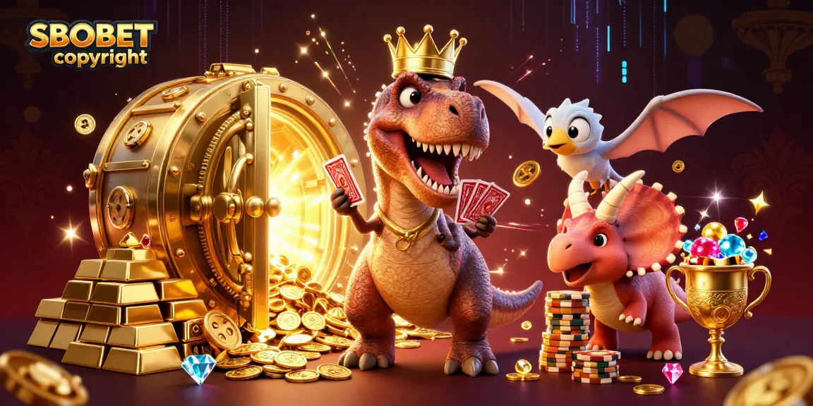 Engage with thrilling SBOBET copyright casino action featuring a T-Rex shuffling cards and gems!