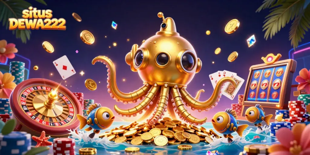 Experience thrilling gameplay at situs DEWA222 with a vibrant 3D casino scene full of excitement.