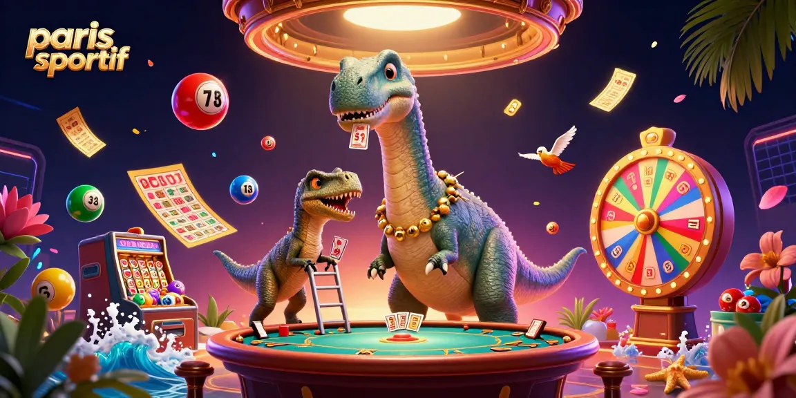 Paris sportif : mise en scène dynamique d'un brontosaurus géant dans un casino, avec jeux et éléments colorés