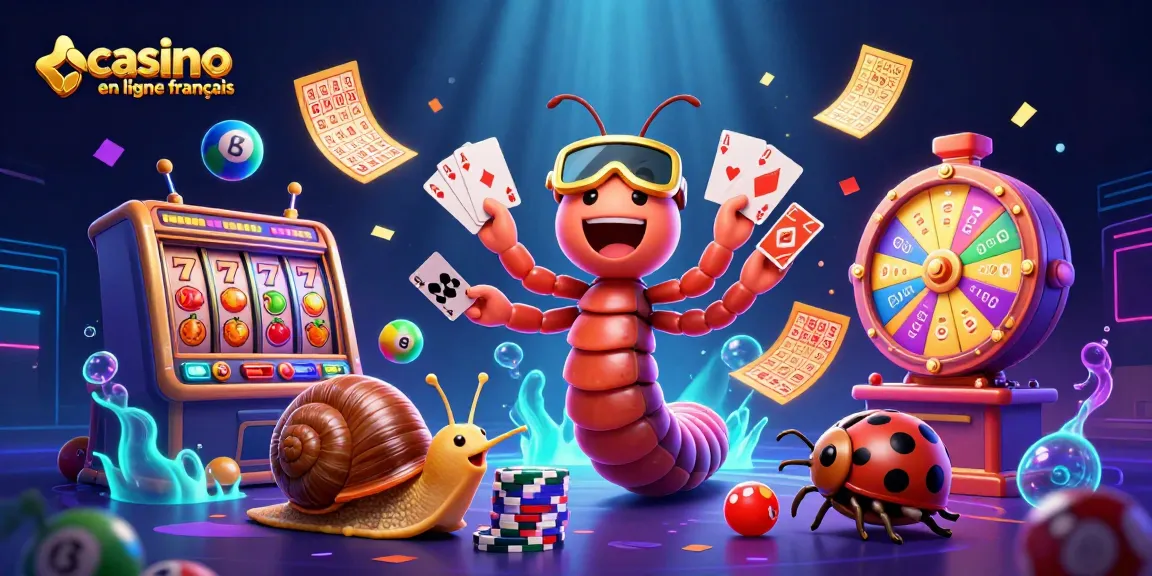 Ce visuel dynamique illustre l'univers du casino en ligne français avec un dealer insecte et des éléments de jeu captivants.