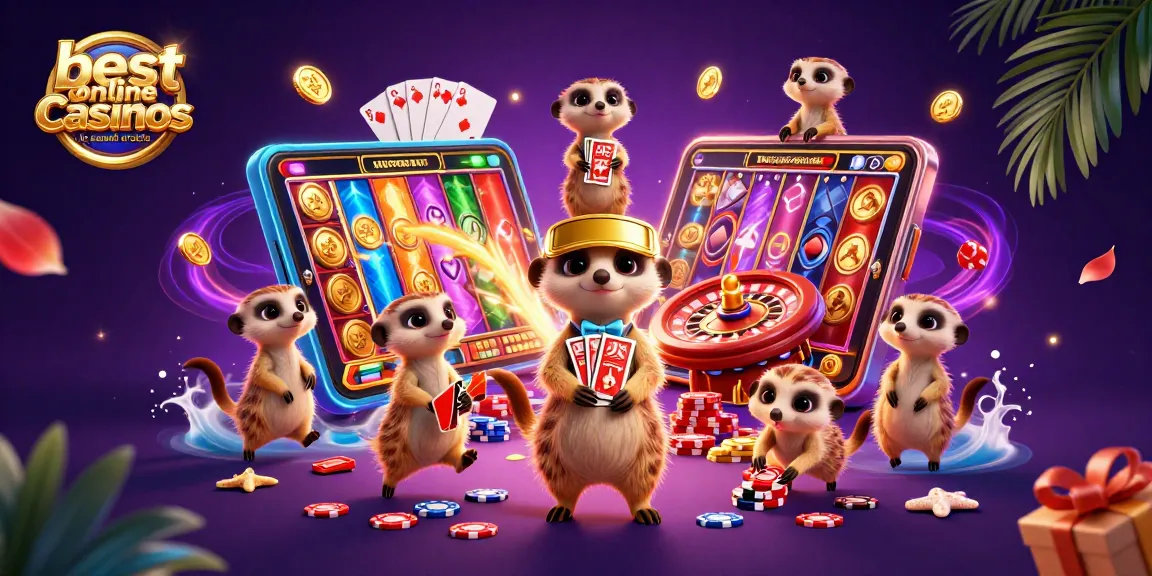 Sparkling 3D cartoon illustration showcasing the best online casinos in Saudi Arabia, with meerkats engaging in vibrant gaming activities.