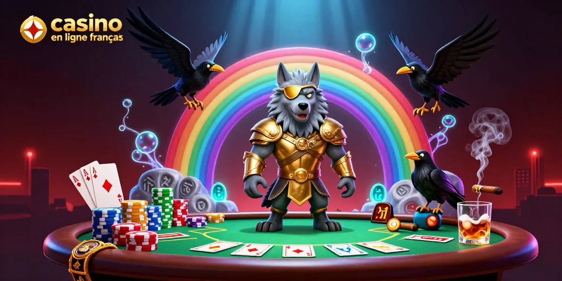 Plongez dans l'univers du casino en ligne français avec une scène dynamique d'Odin et ses corbeaux devant un pont en jetons.