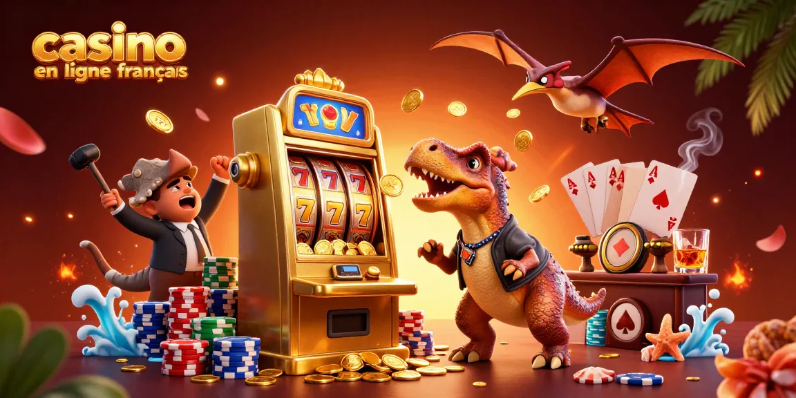 Célébrez le casino en ligne français avec un pachycephalosaurus gagnant au jackpot et des personnages animés captivants entourés de pièces d'or