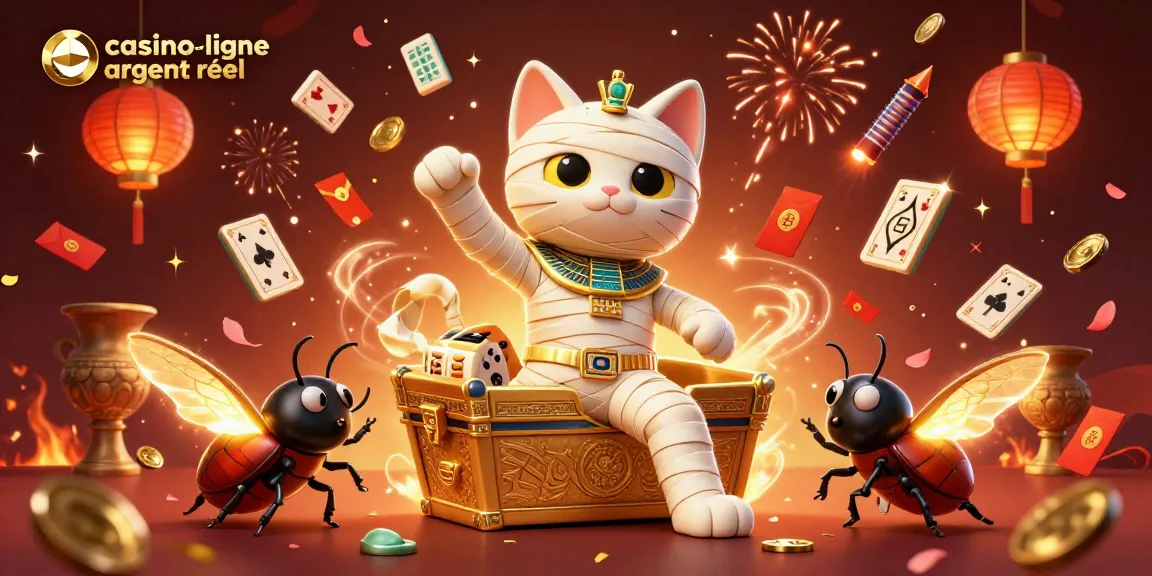 Vivez des moments de jeu passionnants avec "casino en ligne argent réel" dans une illustration dynamique d'un chat momie égyptien et un scarabée.