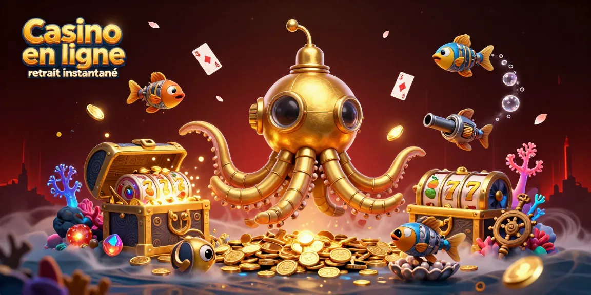 Plongez dans le monde des jeux avec le casino en ligne retrait instantané, un kraken doré émergeant de pièces d'or.