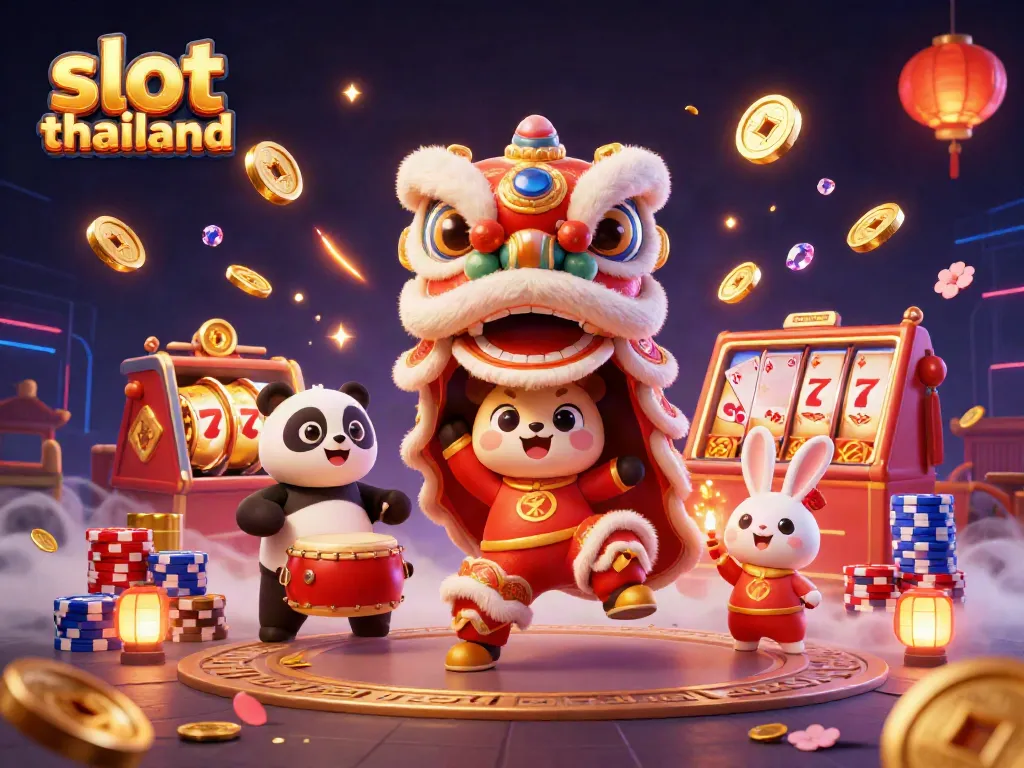 Experience the vibrant excitement of slot thailand with a dynamic 3D casino scene featuring lucky symbols.