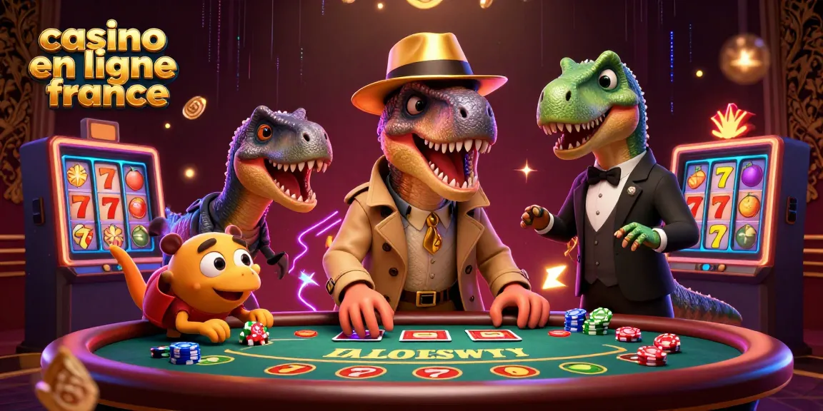 Animation de casino en ligne France avec un vélociraptor en train de compter les cartes au blackjack, entouré de machines à sous et de jetons.