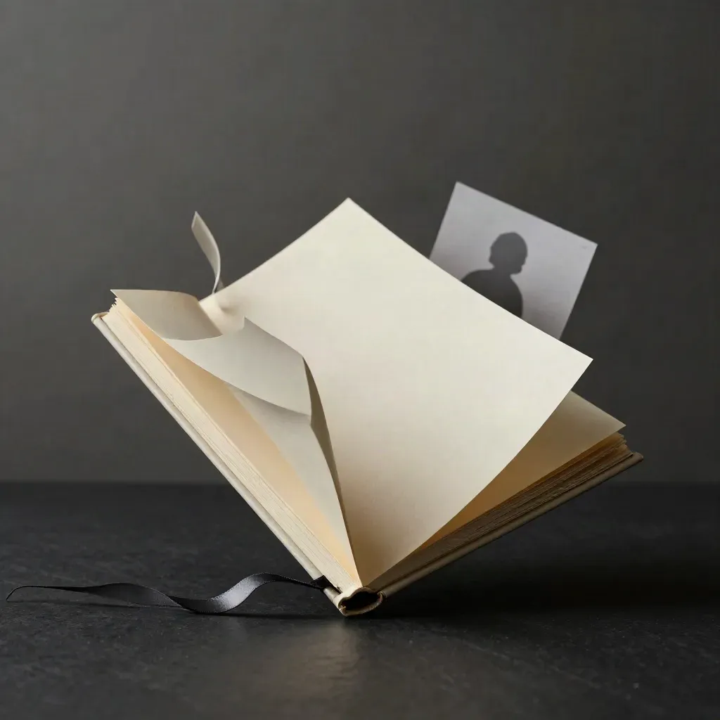 Cream ghostwrite folio with curling pages and ribbon against a slate backdrop.