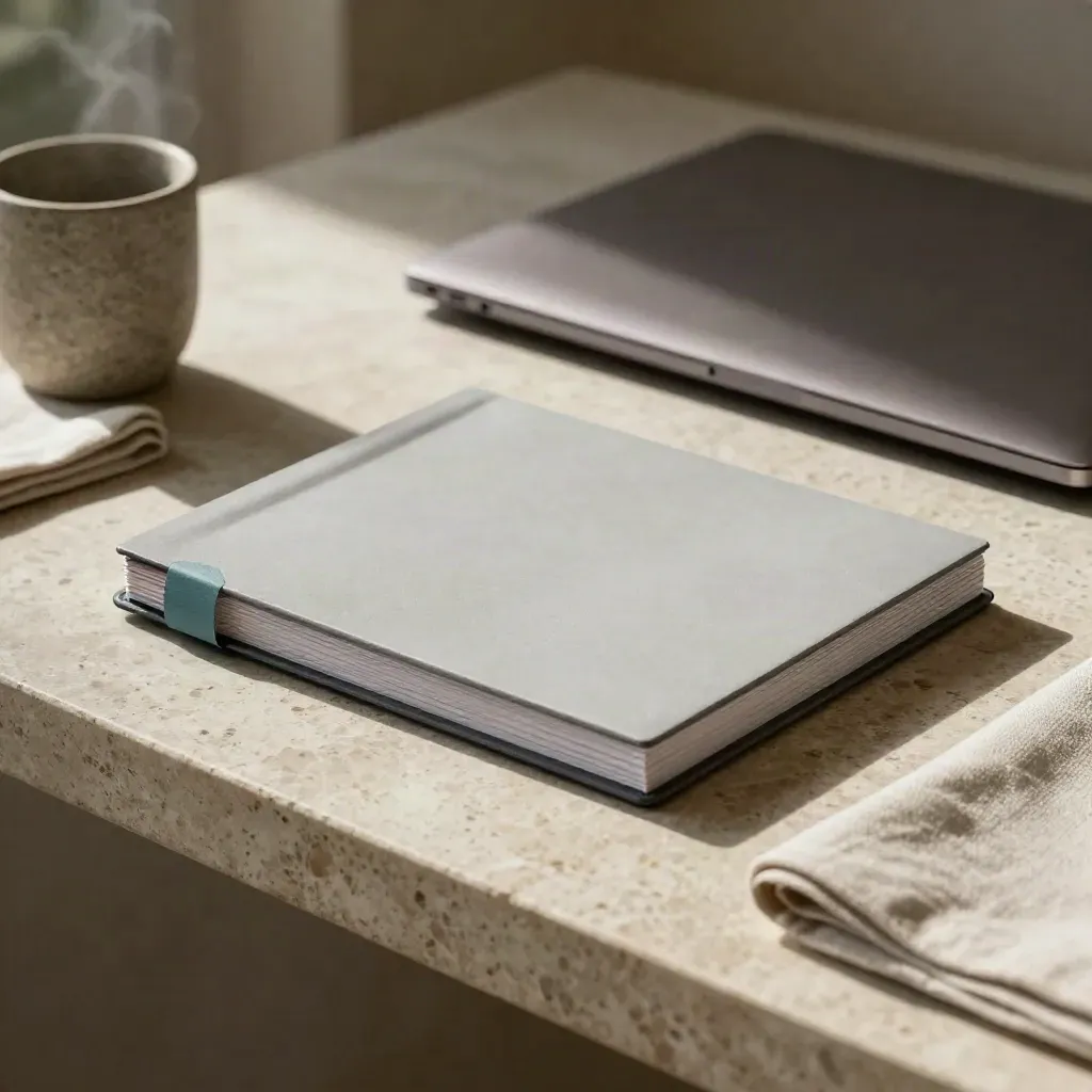 Consult Writer folio pack on limestone counter with cup, napkin, and blurred laptop in warm window light