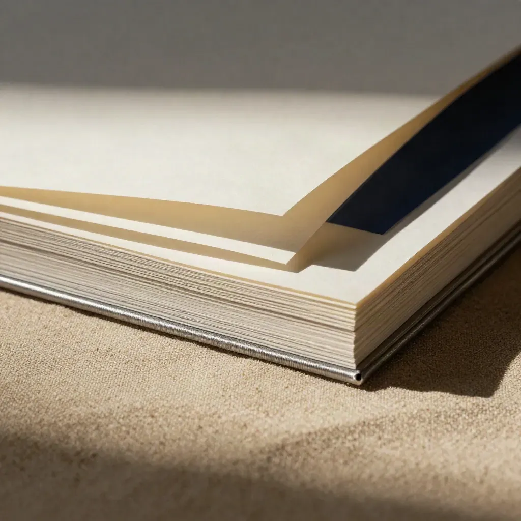 Cream paper swatches and metal paperweight half-buried in linen, lit by a hard beam.