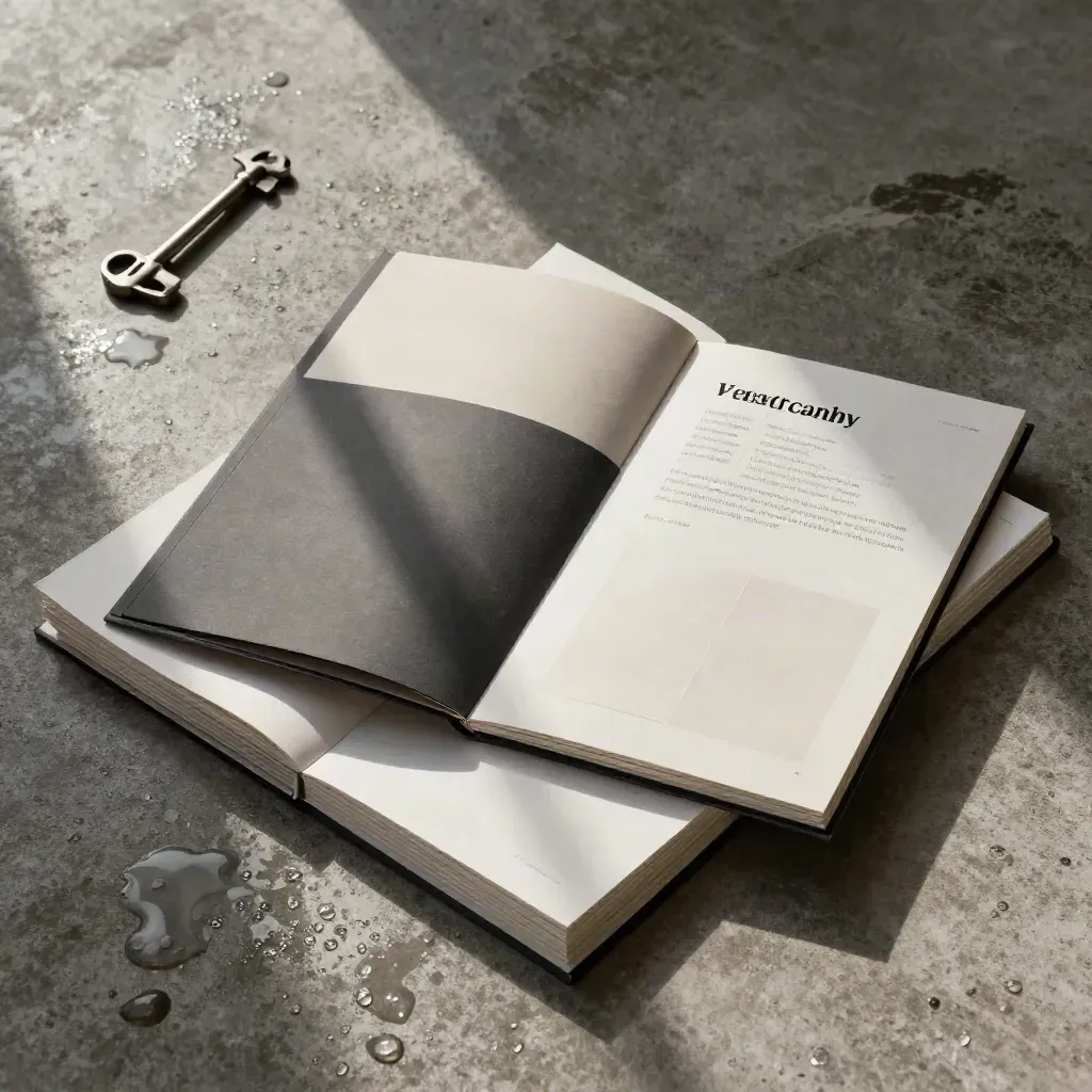 Overhead flatlay of case-study materials on wet stone with water droplets.