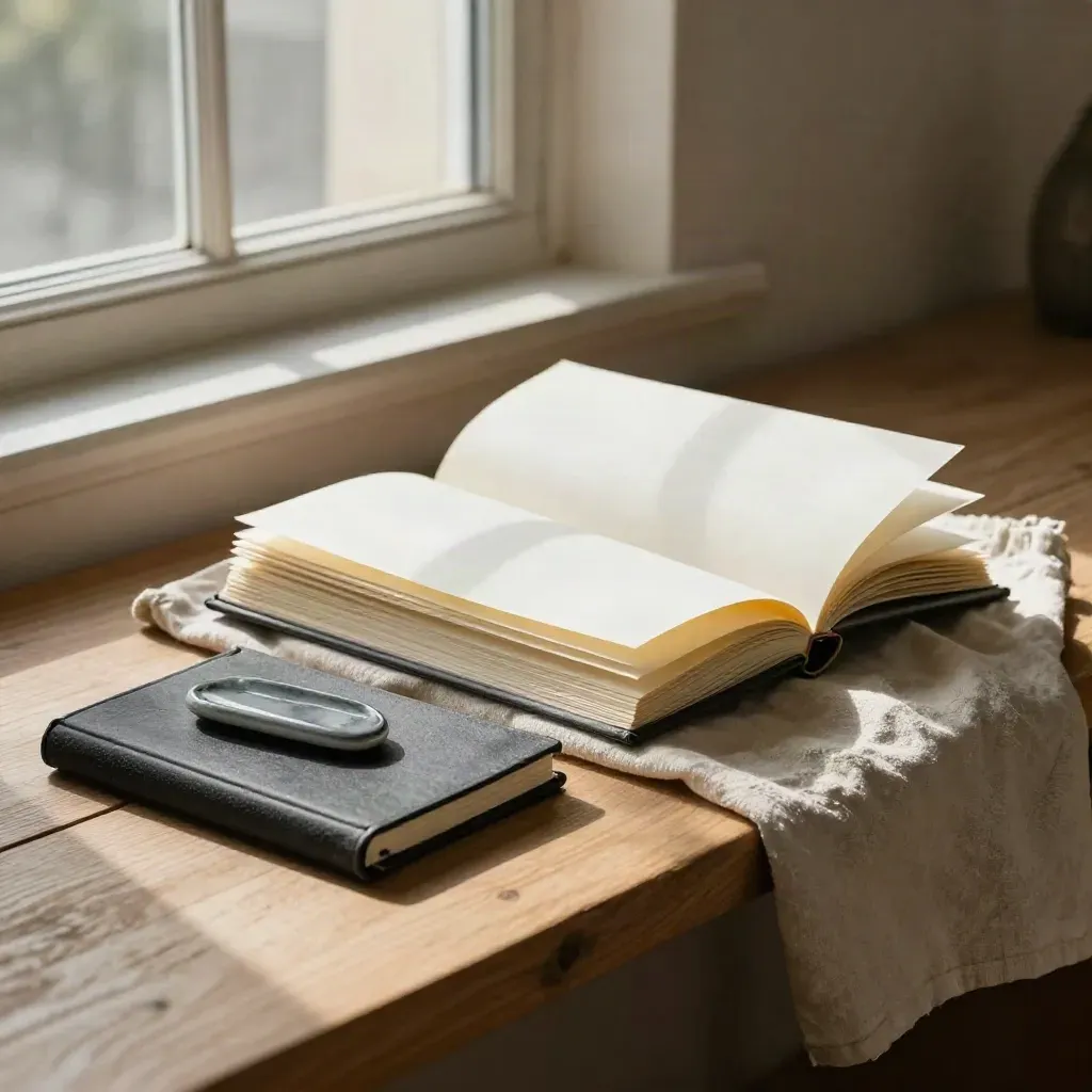 Graphite notebook, ceramic bookmark, and blank pages on a sunlit bench by a window.