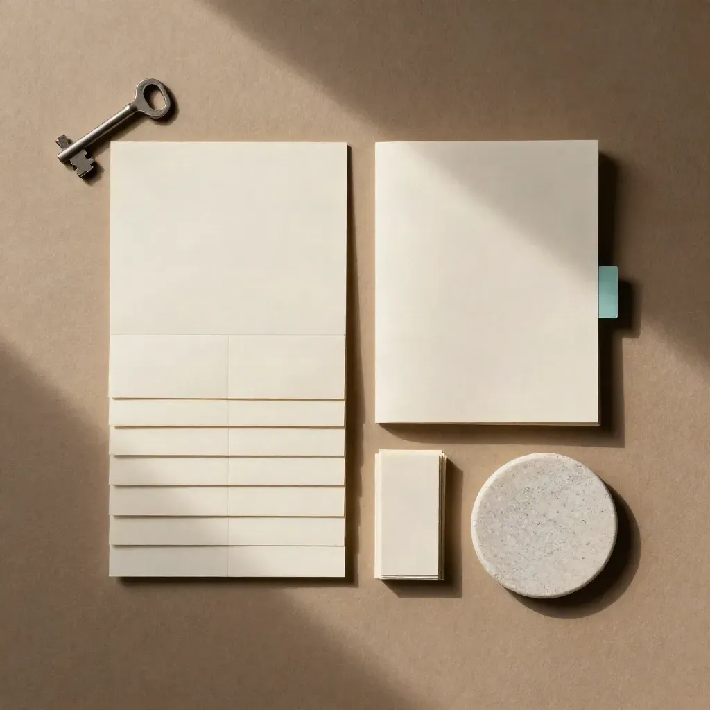 Overhead proposal deck copy flatlay with pale cards, booklet, separators and stone coaster on plaster.