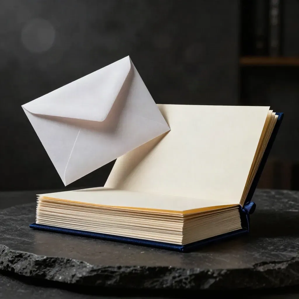Lead magnet kit on dark stone with ribbon, envelope, and folded papers in dramatic studio light