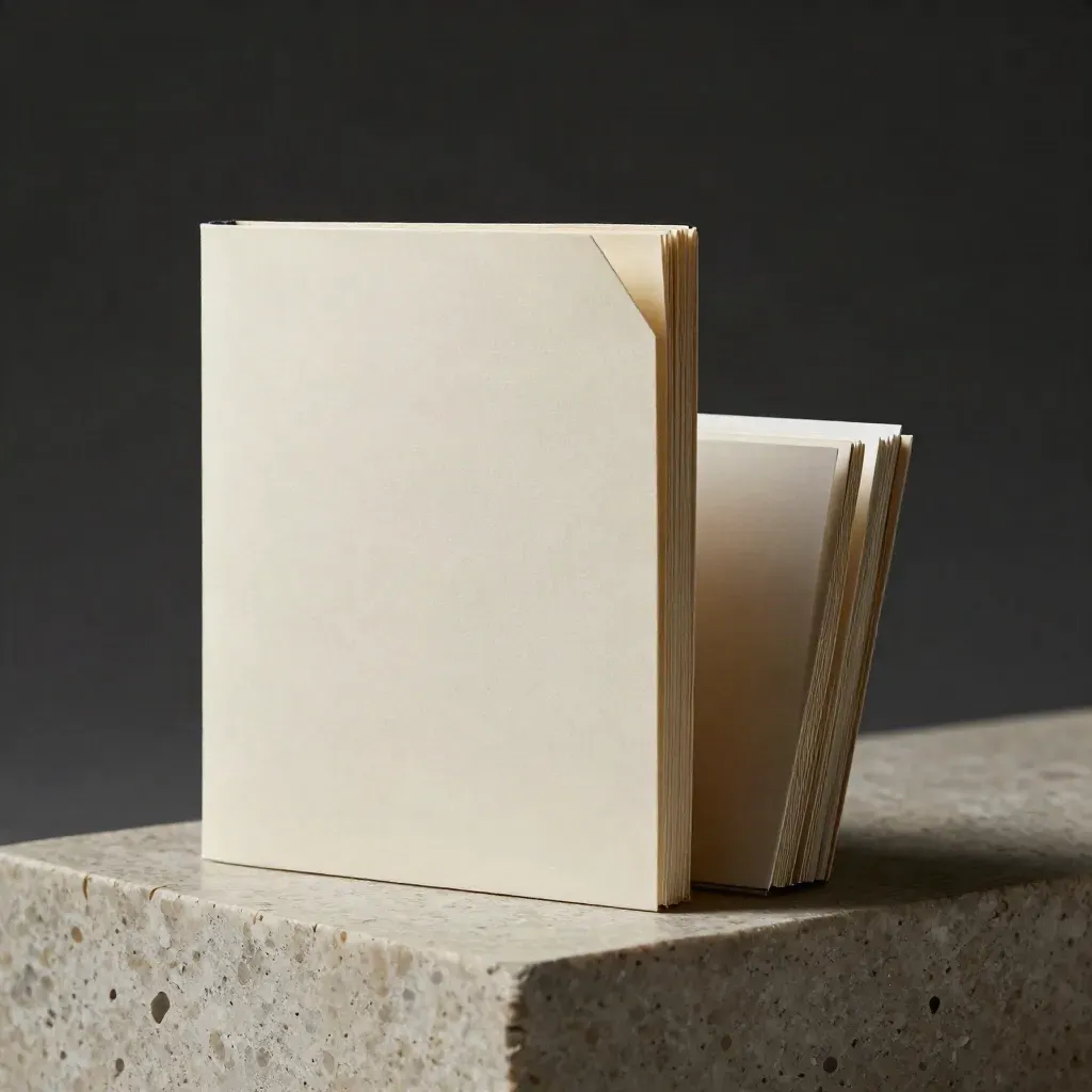 Cream blog pack sleeve with blank inserts and topic cards on travertine, softly lit.