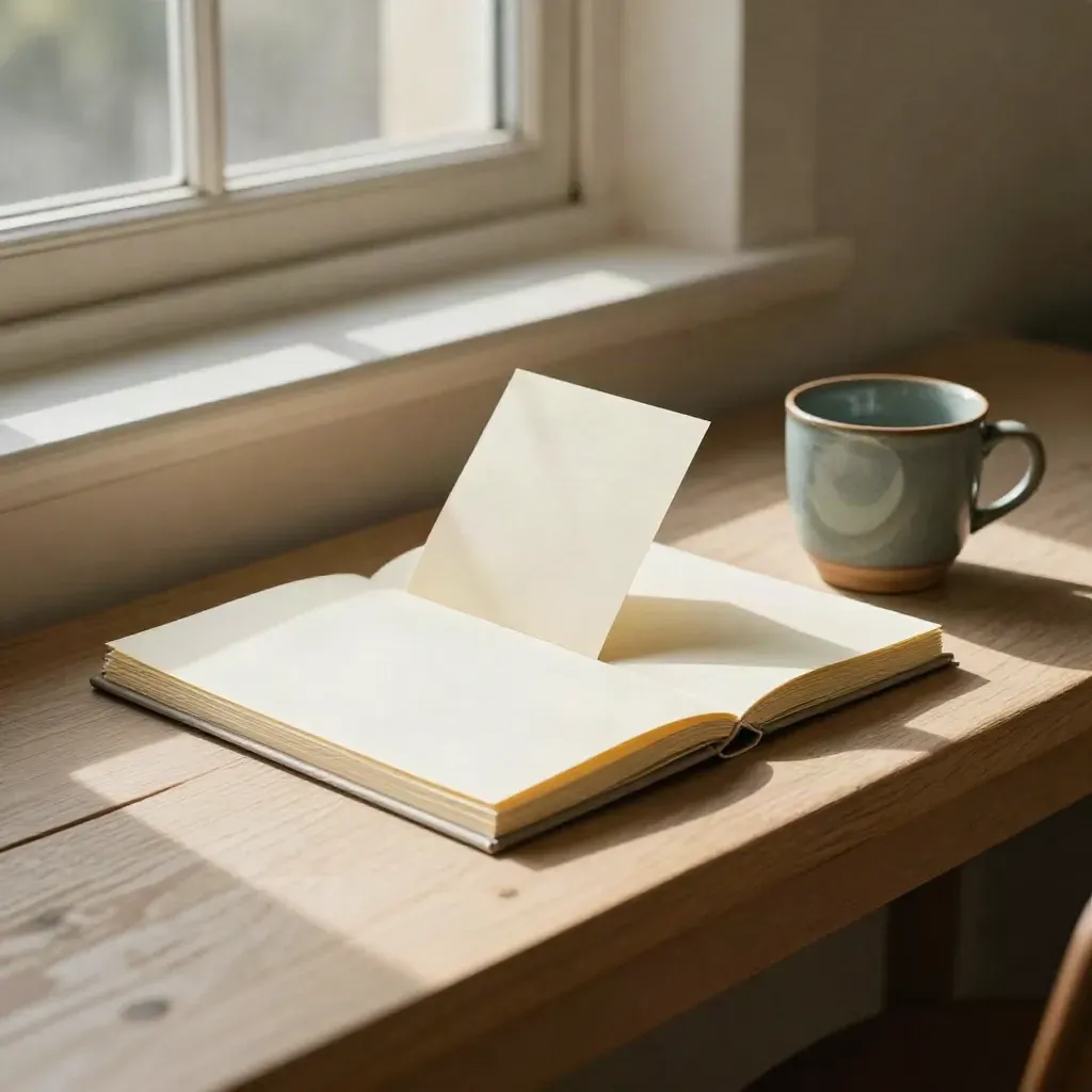 Founder bio copy bundle on a pale wood bench by a window with teal cup and fluttering cards