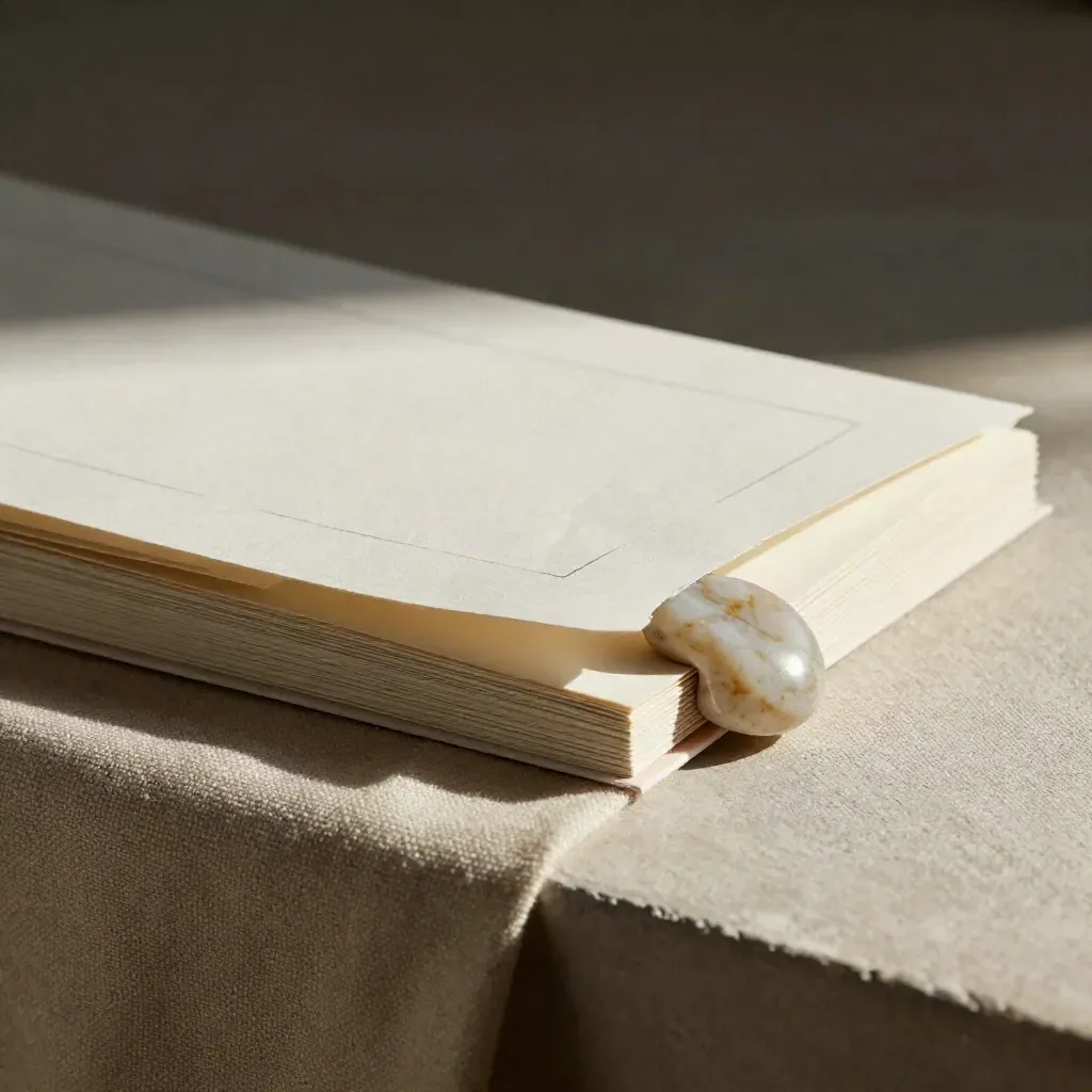 Macro of pale card-stock package nestled in ivory linen with a smooth stone paperweight.