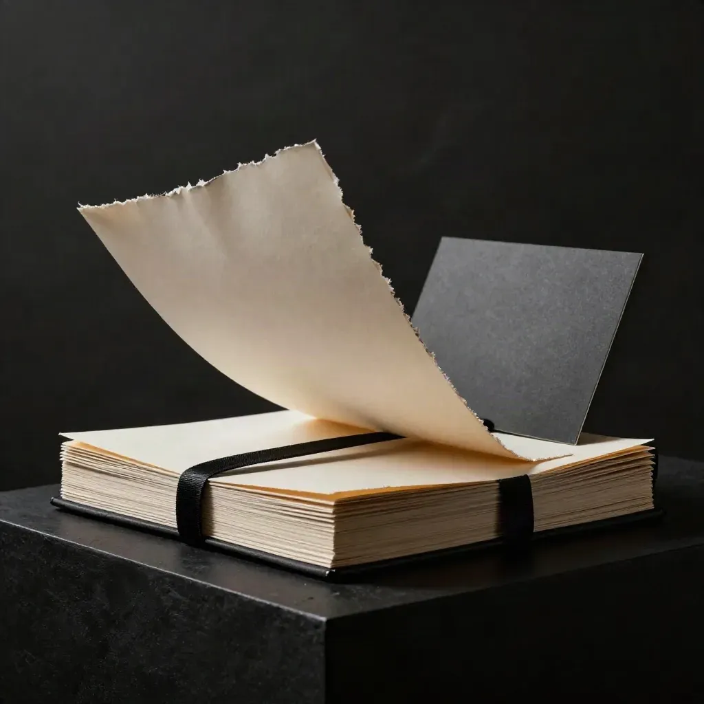 Dark about-page rewrite folio with ribbon, torn proof sheet, and black plaster in dramatic studio light.