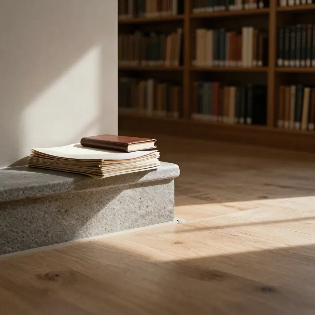 Sunlit oak library corner with linen chair, stone ledge, and calm copy space