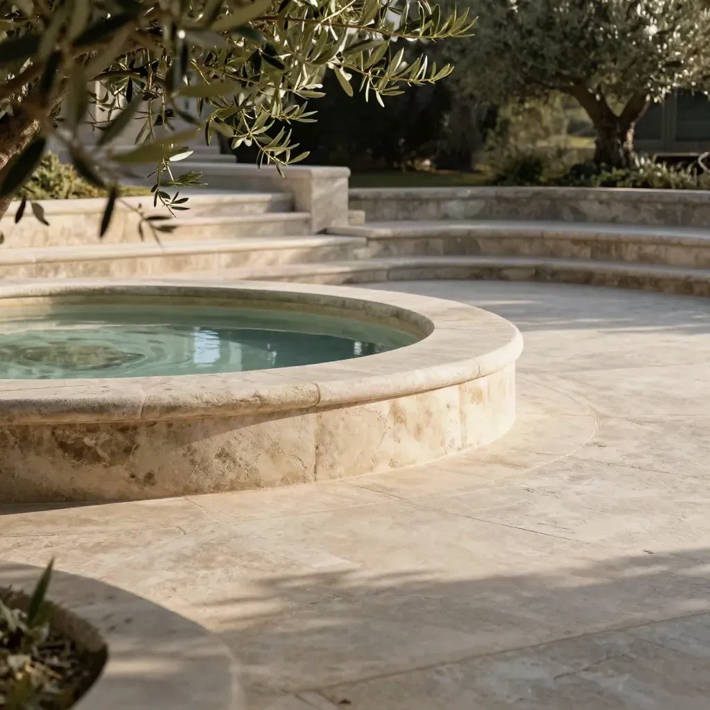 Sunlit limestone courtyard with olive branches and a shallow water basin at golden hour