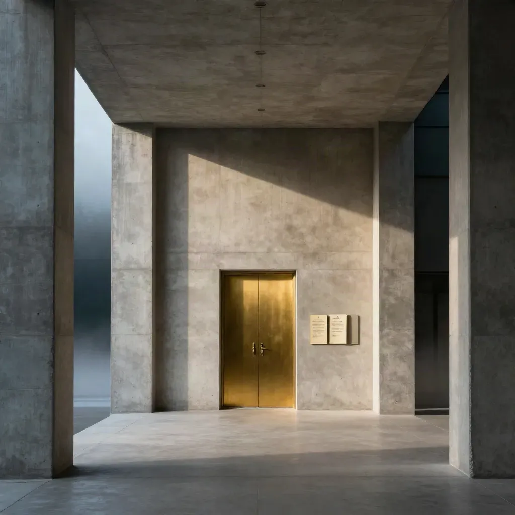 Brass-doored concrete arcade with misty blue-hour reflections and calm floor space
