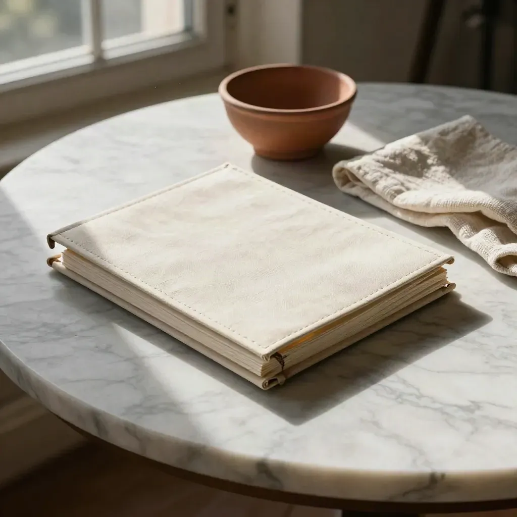 Marble tabletop with linen deck folio, clay bowl, and folded cloth by window light.