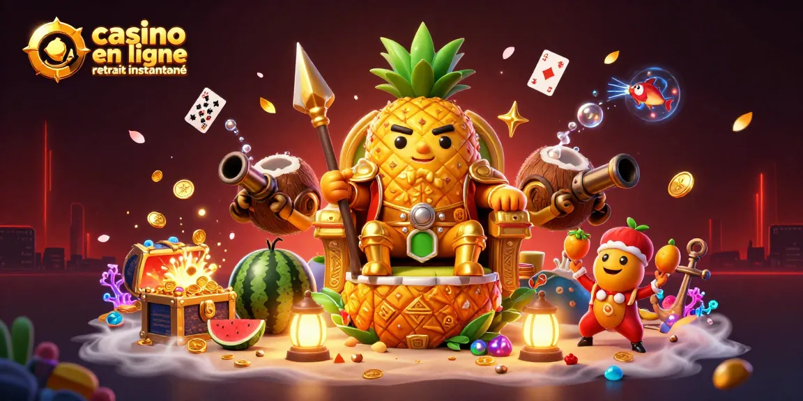 Découvrez un casino en ligne retrait instantané avec des personnages colorés et des trésors dans une illustration 3D dynamique.