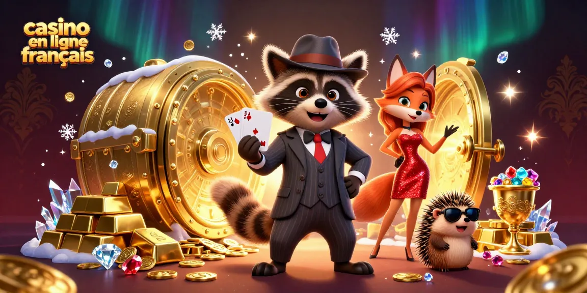 Scène illustrant le casino en ligne français avec un raton laveur gentleman, un renard et un hérisson agent de sécurité trouvant de l'or.