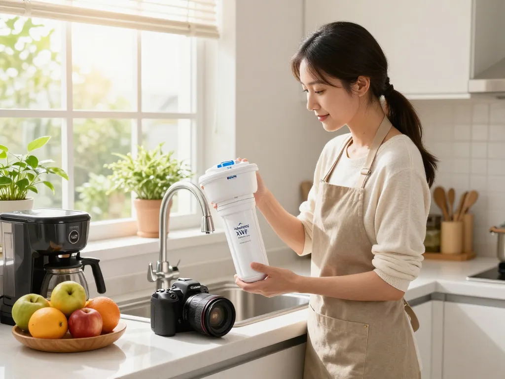 Homeowner replacing the Waterdrop Plus XWF Replacement for GE® XWF filter in a bright kitchen, ensuring clean drinking water.